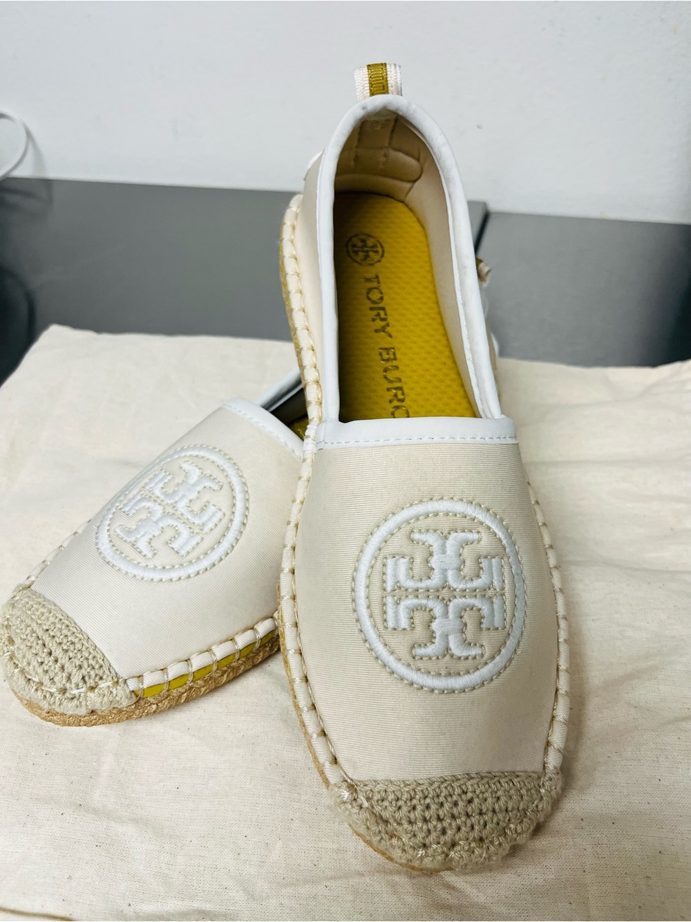Tory Burch Cream Canvas Espadrille Slip-Ons with Embroidered Logo